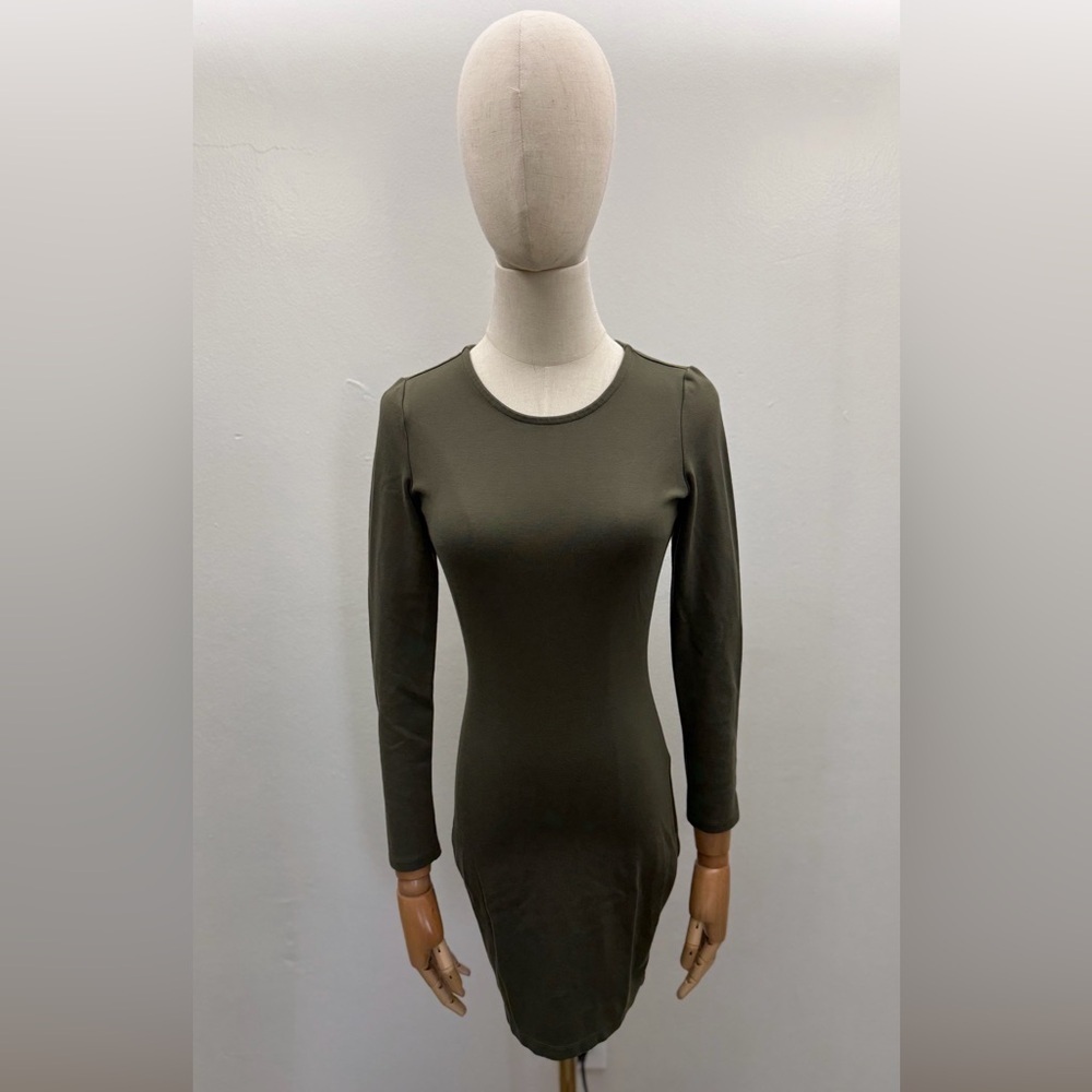 Bebe Olive Green Bodycon Dress Long Sleeve Back Zip Stud Sleeve Detail Size XXS